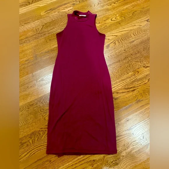 burgundy pencil dress Burgundy Crepe Midi Pencil Dress With A Curved Neckline